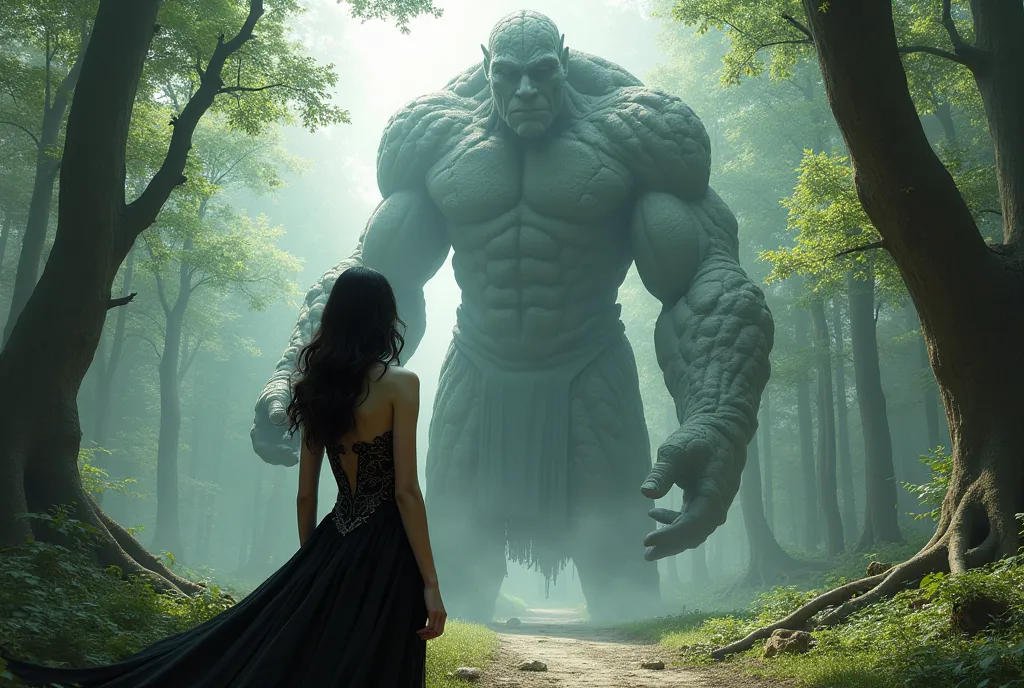 Mysterious Forest 100 meter tall stone female Giant break trees by hands in behind and a slender woman in Gothic style stand in the front, detailed face and eyes, long wavy dark hair, pale skin, full lips, high cheekbones, ornate Gothic slim cutting dress,...