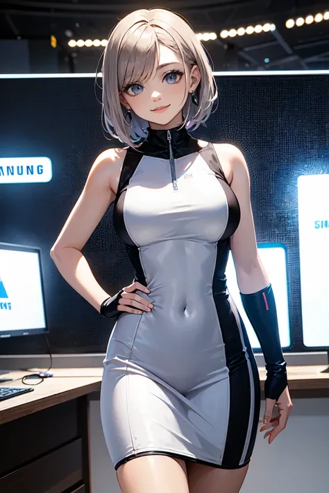 short bob hair, smile,at samsung event,A professional trade show model at an exhibition booth, wearing a sleek white sleeveless dress with a modern tech company logo on the chest. She is elegantly posing with one hand on her hip and the other presenting a ...