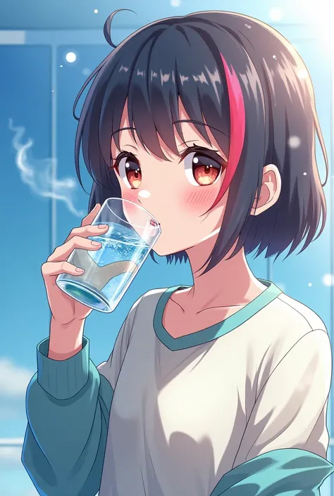 a anime of a person drinking water

