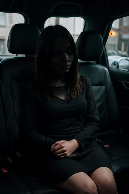 Prompt:** "A faceless ghostly figure sitting in the backseat of a taxi. The figure is wearing a black dress, and its face is completely blank and dark. The atmosphere is terrifying, with a cold, eerie glow surrounding the figure."