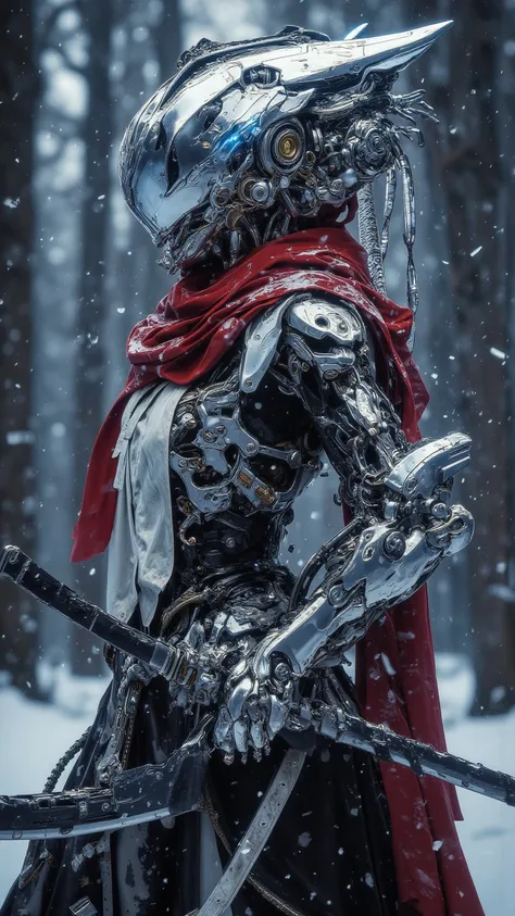 A 21 year old woman， headwear mirror headgear ，brandishing a sword， Extraordinary desolation ， Sharp Eyes ， Icy hair ， Red Scarf，Cloaked with a shawl ， Futurist costume ， mechanical angle ， Otherworld， Forest Magic 