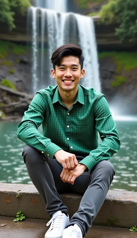 Stunning 8k portrait photo of an handsome mix asian man dressed in GREEN checkered color , he has very short dark hair, smiling,happy face,face towards camera,white skin,bright face, grey jeans and white shoes .  The man sits smiling against the background...