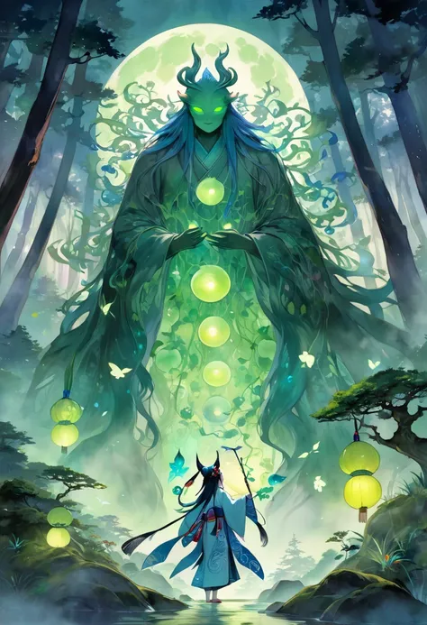 A watercolor illustration of Deidarabotchi the giant forest spirit yokai being sealed by onmyoji (Japanese sorcerers) in an ancient foggy Japanese forest under the gentle light of a full moon, The spirit's form blending harmoniously with the forest feature...