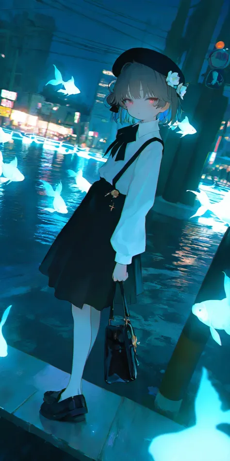 solo,1girl\((hatoba tsugu),HatobaTsugu, beret\(white flower ornament\), 1mole under eye, black ribbon-tie, short hair,white shirts, black suspender-skirt\) holding 1goldfish in 1bag\(water,small\), footbridge, streetlight, (alice in wonderland:0.5),(multic...