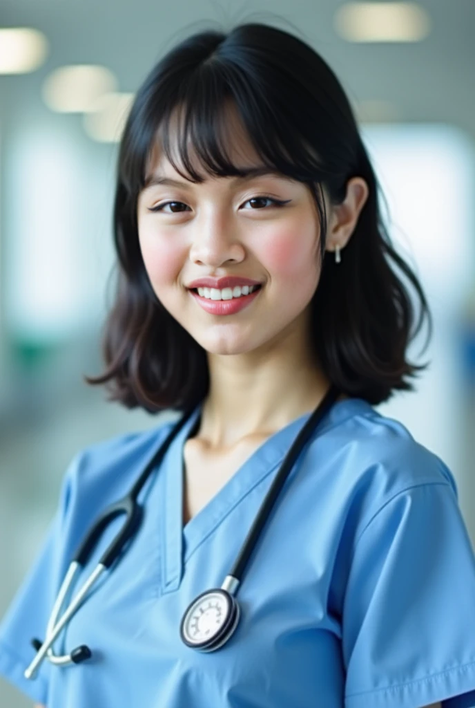 Please make this person where she is working as a general practitioner. Don't change the headroom shot, don't change her facial features too much and make her look exactly like the original person in the photo. Make her hair shoulder length and color black...