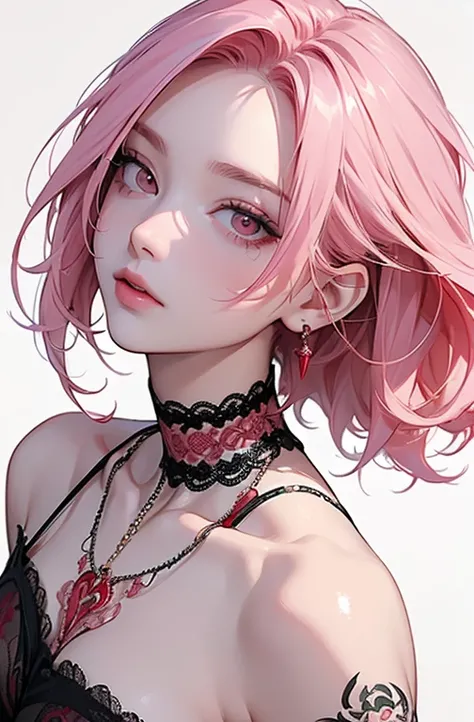 (( masterpiece:1.2)).8k.、   sexy、    Rise of the Center  、   Chainsaw Man's Journey   、   beauty、   yandere  、、   face up、   chest tattoo、    Christian Dior necklace 、(   has a white background)、( Chinese clothes)).、((   pink hair  )).((   looks up  )).(( ...