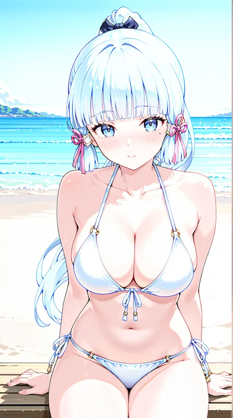 (masterpiece, best quality:1.3), (absurdres absolutely resolution), (8k), (detailed beautiful face and eyes), (detailed illustration), (super fine illustration), a anime girl sitting on a beach in panties and a bra top 1girl, swimsuit, breasts, bikini, mol...