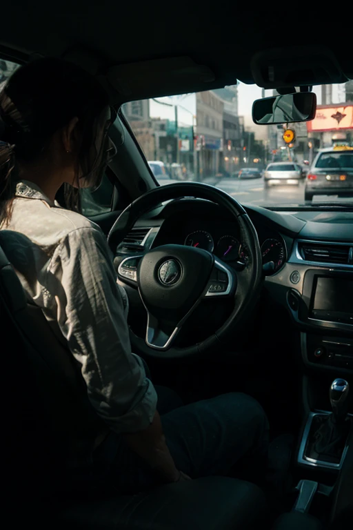 **Prompt:** "A terrified taxi driver looking into the rearview mirror, where a shadowy, faceless figure is visible. The interior of the car is dark, and the driver's face is filled with fear."