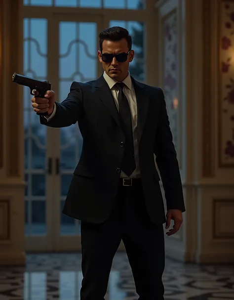 masterpiece, best quality, highres, highly detailed, 1man, black footwear, black hair, black jacket, black necktie, black pants, black suit, formal, full body, gun, handgun, holding, holding gun, male focus, mansion, necktie, night, pants, secret service-t...