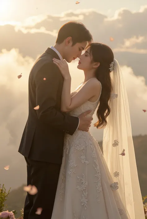 Bride and groom in wedding. They are kisses in romantic background with light heart and warm.