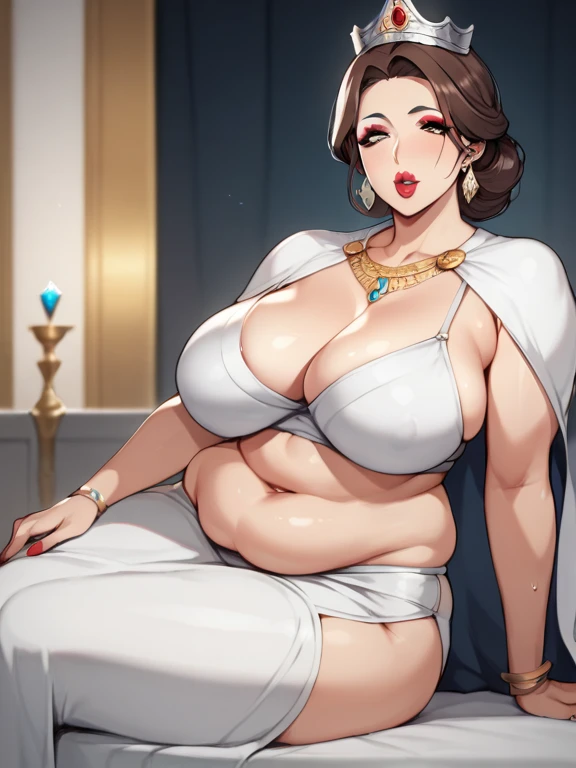  score_9,  score_8_ up,  score_7，  anime，nsfw， uncensored， Masterpiece， top quality，mature middle-aged mature ，Her Majesty， mother queen with huge breasts ， Toddler type， sensual physique and rich waist， brown hair and beautiful female face ,  Abundant hap...