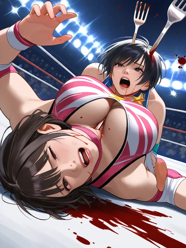 Female wrestler, Japanese, veteran,Sexy Stars and Stripes Costume,wrestling match, fork stuck in chest, blood splatter, defeat, falling, costume torn,top rated on pixiv, realistic anime style at pixiv