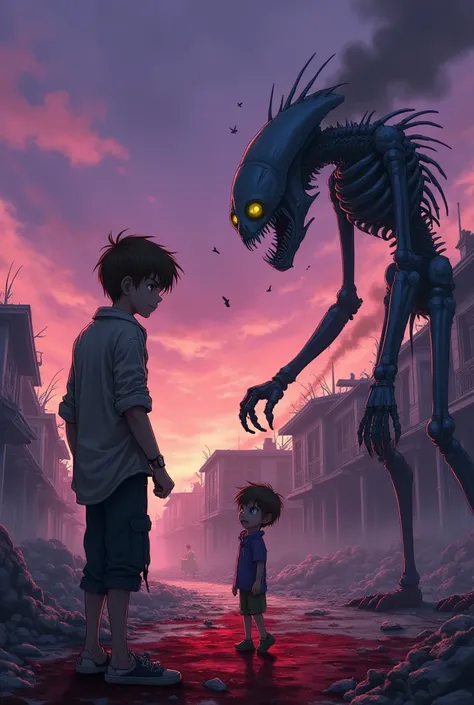  Heartbreaking scene in a landscape devastated by alien invasion. It&#39;s daytime,  but the sky is covered by purple clouds and smoke . Leo,  a boy with brown hair and blue eyes , with dirty and torn clothes,  watches in horror as his younger brother , ab...