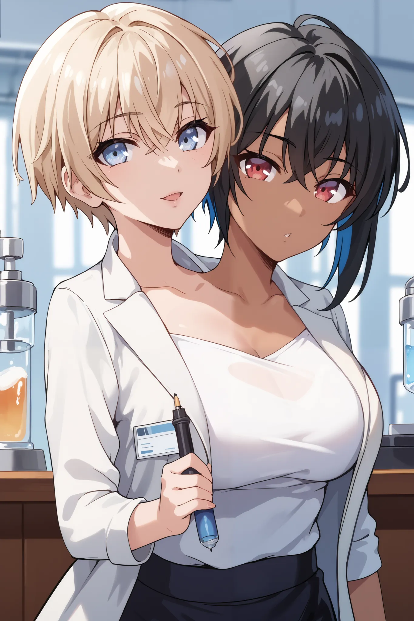 2heads, twoheads, a tall thin woman with 2 heads, blonde hair, black hair, blue eyes, red eyes, half dark skin and light beige skin, two tone skin, light beige skin, dark skin, half color skin, two color skin, short hair, lager breasts, white shirt, lab co...