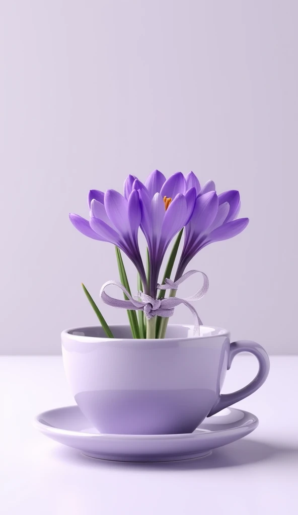 Large light purple cup with saucer. Bouquet of crocuses tied with a bow on a light background 