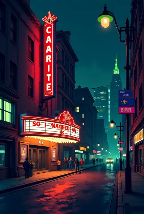 Pixel art style point-and-click adventure game screenshot, dark cyberpunk urban street scene, dystopian, noir atmosphere with deep shadows, neon lighting. Cinema entrance with "SO I MARRIED AN..." marquee, neon "BAR" sign, street signs "OAK" and "RUSH", an...