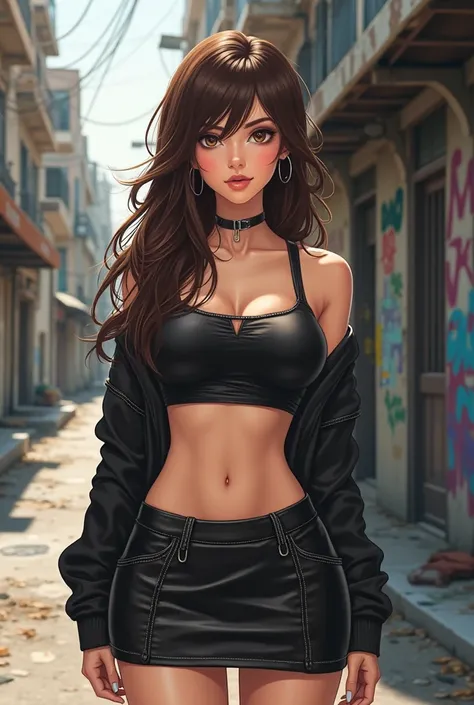 Anime, beautiful woman, 30 years old, brown hair, brown eyes, standing on the street, leather mini skirt, crop top, with run-down buildings and graffiti in the background