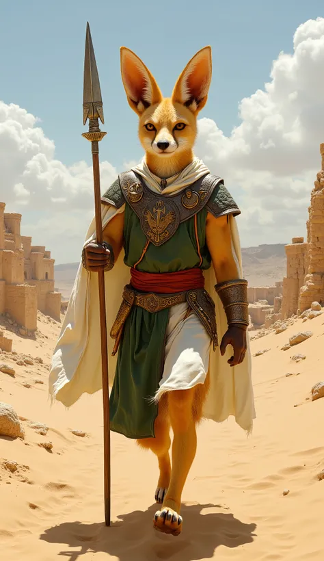 A majestic humanoid fennec warrior, embodying the strength and resilience of 13th-century Algeria, strides forward with unwavering confidence. Its muscular, yet agile body, covered in sandy golden fur, reflects the harsh yet beautiful desert it calls home....