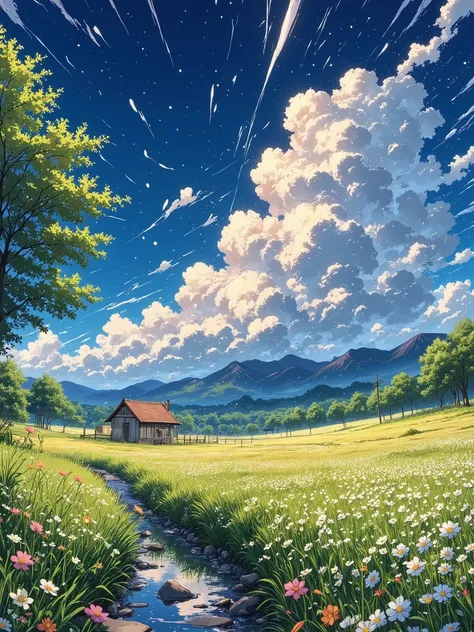 masterpiece, ultra-detailed, cinematic anime-style, ultra-HD 4K, hyper-realistic textures, Makoto Shinkai-inspired, vibrant colors.
A **breathtaking countryside scene during a gentle summer rain**, with **thin, straight streaks of rain falling from the d...