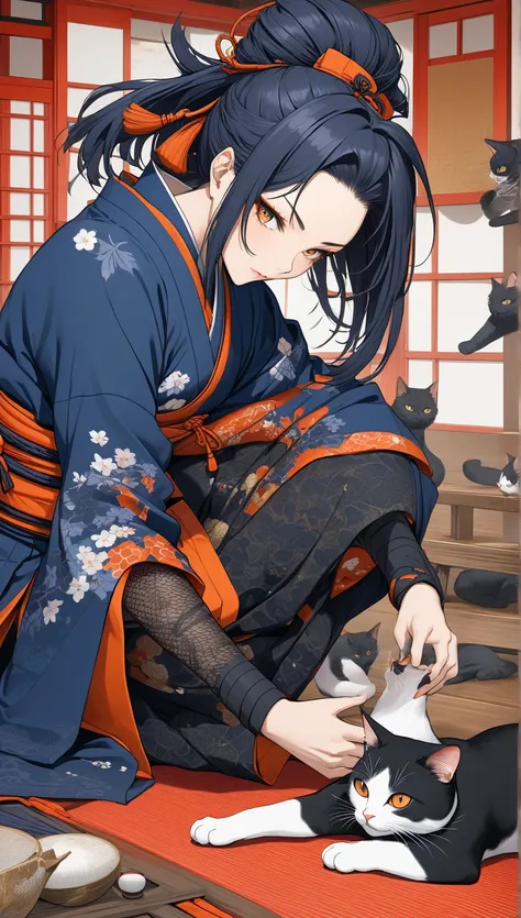 ninja,   ultra complex high detail  ,   beautiful traditional Japanese culture, Play with the cat, blue and orange