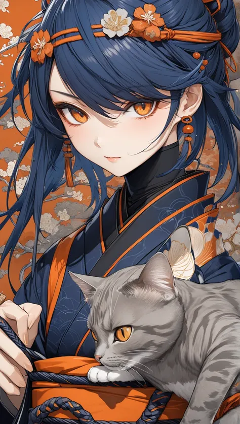 ninja,   ultra complex high detail  ,   beautiful traditional Japanese culture, Play with the cat, blue and orange