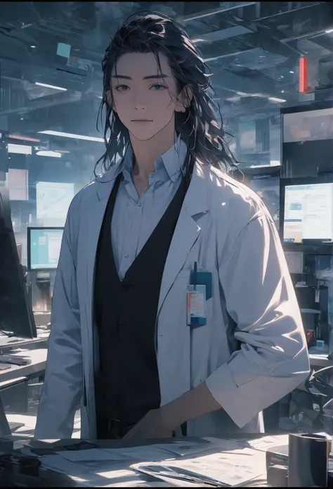 Portrait of a male doctor standing his modern office in New York. The image must be in 8k
