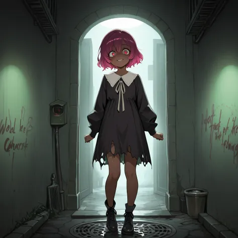 (( best quality of wells)), ((masterpiece)),full body.A cute and like anime-style beautiful girl inspired by the Tarman zombie from "The Return of the Living Dead Part II." She has glossy, dark skin resembling tar, giving her an eerie yet adorable appearan...