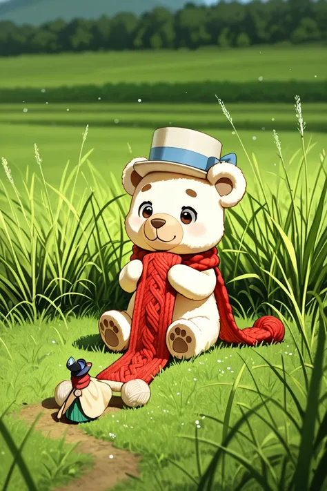 A knitting toy bear , Small anthropomorphic animals,  wear a 17th century hat and antique clothes, Macro photography in the midst of lush grass,  dewdrops reflecting the surrounding environment ,  A very elaborate toy ,  I can see all the yarn on my toys ,...