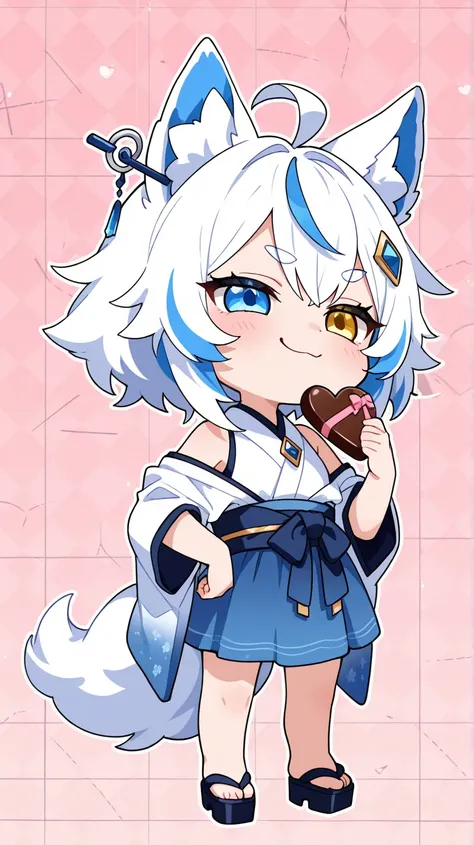 upper body, a Chibi Character, 
Solo, a girl, a SiroInuKoma, heterochromia eyes, blue eye, gold eye, thick eyebrow, a smug expression, ahoge, semi long, white hair, wolf ear, blue streaked hair, fluffy tail, white dog tail, blue hairpin, 
BREAK, 
white sle...