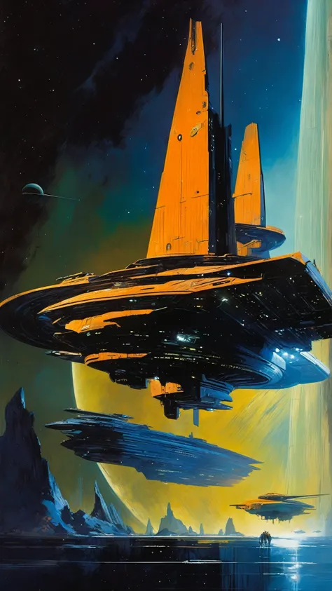 Masterpiece, highest quality, very detailed, absolute resolution, high resolution, highest quality, 8K, John Harris and syd mead Style, minimalist style - A Tau Cetian intergalactic ship flying in the deep dark galaxy ,John Berkey 