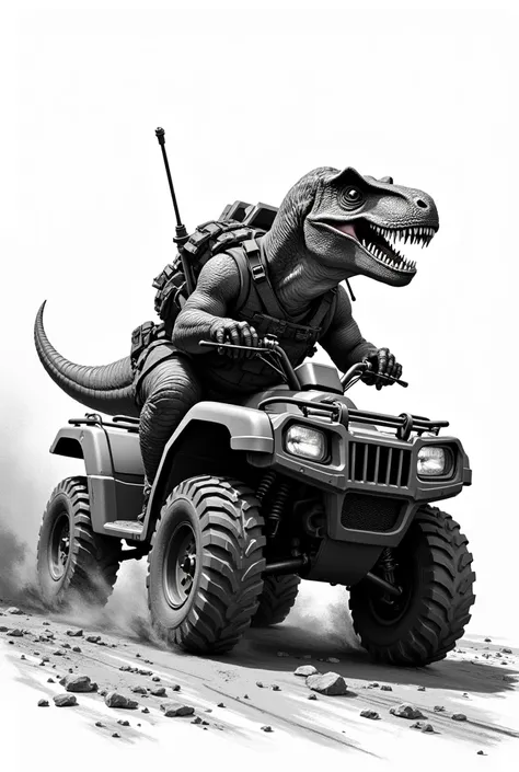 Raptor the dinosaur rides an ATV ,  he is wearing a Ukrainian army uniform in camouflage picset mm-14. BW pics art