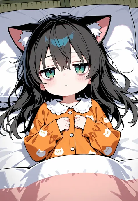 score_9, score_8_up, score_7_up, score_6_up, score_5_up, score_4_up,,Masterpiece,Best quality,Absurdres,Amazing quality,pop art,
Chibi character,Cat ears, Chibi girl lying on futon,hangs her head and looks tired, bags under eyes,jitome,messy black long hai...