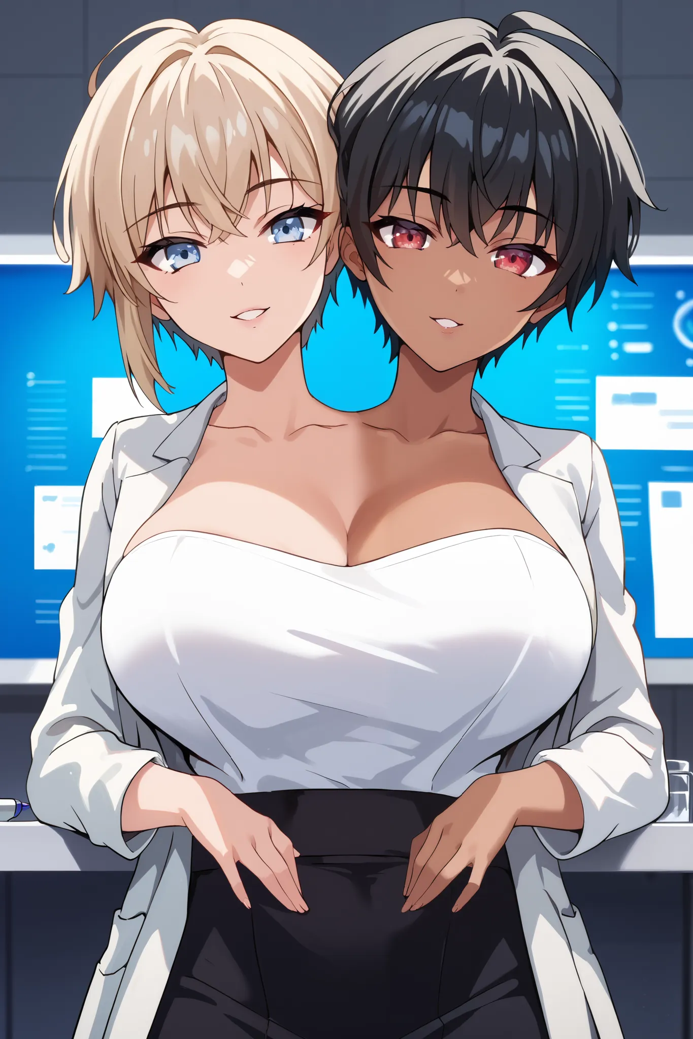 2heads, twoheads, a tall thin woman with 2 heads, blonde hair, black hair, blue eyes, red eyes, half dark skin and light beige skin, two tone skin, light beige skin, dark skin, half color skin, two color skin, short hair, lager breasts, white shirt, lab co...