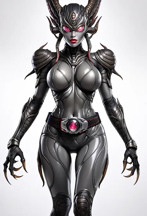 
 Masterpiece,  top quality ,  high res, Top quality, full body, standing, from front,looking at viewer, white background, 1girl , alien, breasts, large breasts,  monster ,  lips, colored skin, claws,slit pupil,Rider Belt