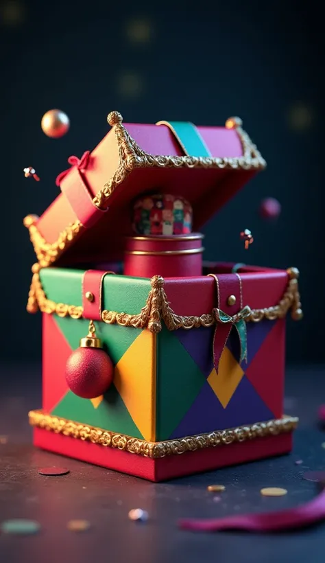 "A 3D cube-shaped gift box designed in a vibrant joker style. The box features a playful combination of bright colors like red, green, purple, and yellow, with classic harlequin patterns such as diamonds and stripes. The lid is slightly open, revealing a s...