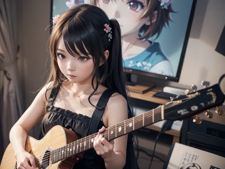   Anime Girl with 黒髪ぱっつんhair playing a black guitar in front of a microphone, Nightcore, guitarist, (  Anime Girl), Guitar solo, sayori,   anime cover  ,   Cute Anime-Style Girl Illustrations ,   playing guitar  ,   Kitagawa Marin Fan Art  , Anime Wallpape...