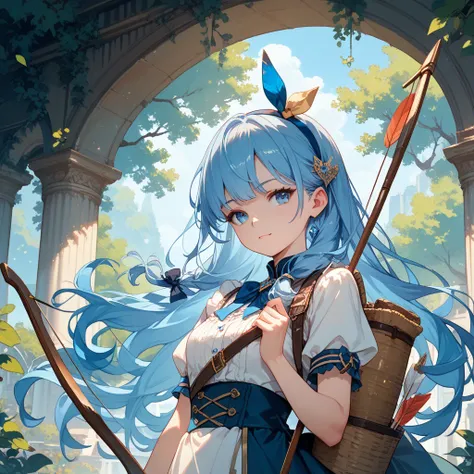 The cleaning girl with blue hair, long hair, and blue eyes is  and is made to carry a bow and arrow with a young face