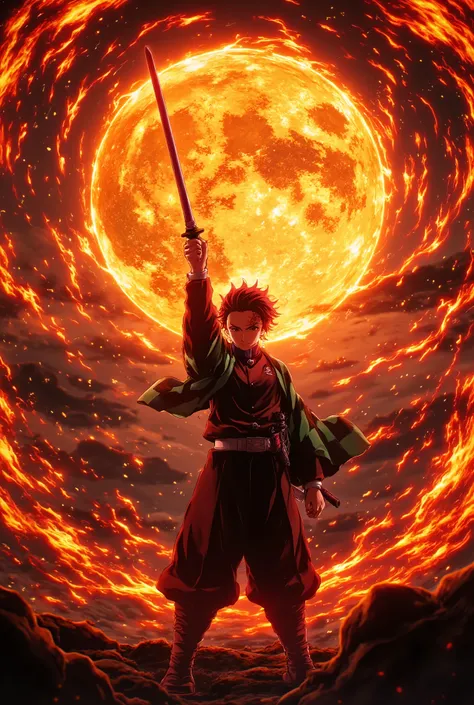 

"Kamado Tanjiro stands with his sword raised high above his head, gripping it with both hands. It is a deep, dark night, yet above him and his blade shines a massive, radiant sun, pulsating with energy. Streams of power burst from the sun, scattering fie...