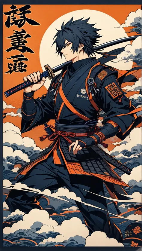 Ninja nero,   ultra complex high detail  ,   beautiful traditional Japanese culture, blue and orange cloudy background, Japanese lettering background