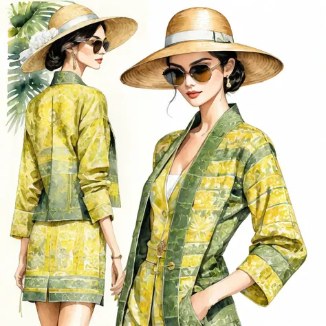 A fashion illustration of a Chanel-style jacket crafted from traditional Thai woven patterns in soft green and yellow tones. The jacket is worn by a young, tall, and slender supermodel, paired with a wide-brimmed straw hat and stylish sunglasses. The model...