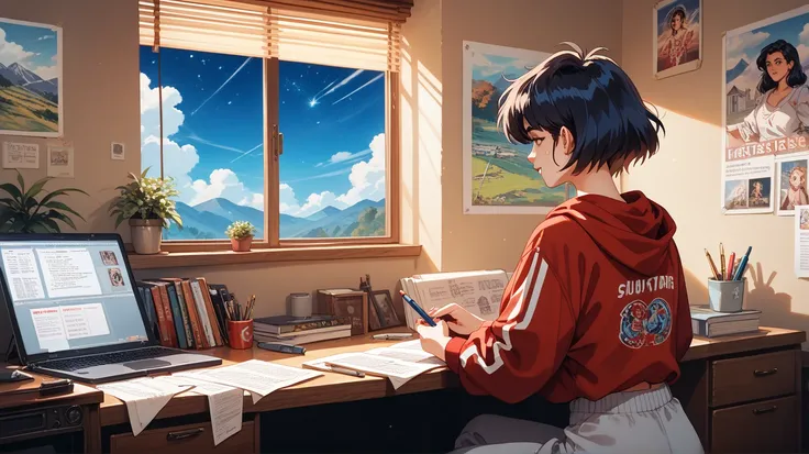 A female around 18 years old, around 11pm, wearing a red sweatshirt on the top half and sweatpants on the bottom half, short hair, a window with a view of the mountains and starry sky outside, a room decorated in a girly style, sitting at a desk studying, ...