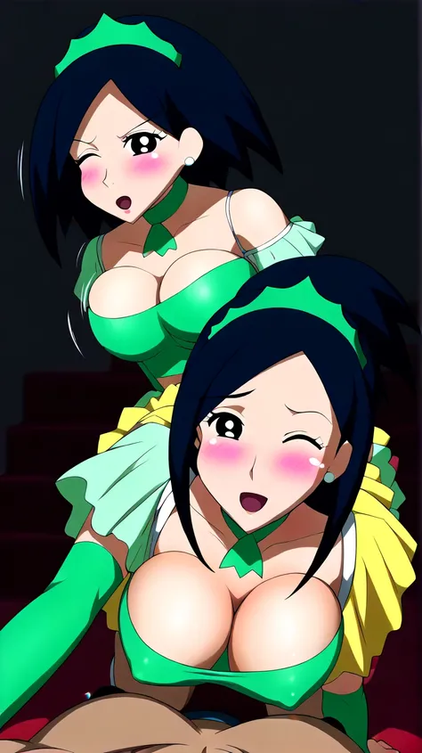  masterpiece,Mature Woman, score_9,  score_8_ up,  score_7_ up,Drasuna , eye closed ,( from behind), shoulder out,  Tube Top,  black hair, ( huge juicy butt:1.2), mature woman,Yellow Belt,  tight miniskirt , Long Sleeve,Thick eyebrows, one girl, alone,big ...