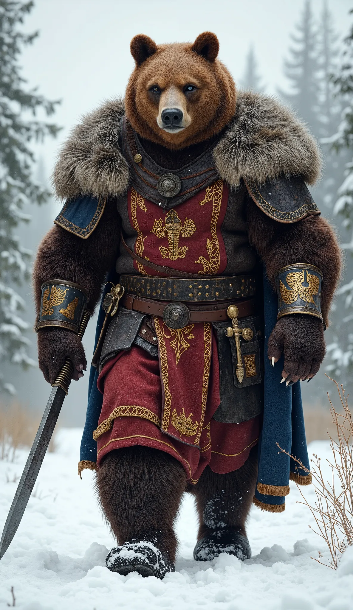 A towering humanoid bear warrior, embodying the ferocity and honor of 13th-century Russia, strides forward with unwavering confidence. Its massive, muscular body, covered in thick brown fur, radiates raw power, while its piercing eyes glow with fierce dete...