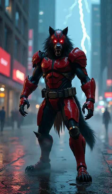 "Amidst a rain-soaked city at midnight, a powerful hybrid of a werewolf and a Power Ranger stands as a fearsome warrior. Its muscular, lupine body is clad in sleek, battle-worn red armor, glowing faintly under the flickering neon lights. Sharp claws extend...