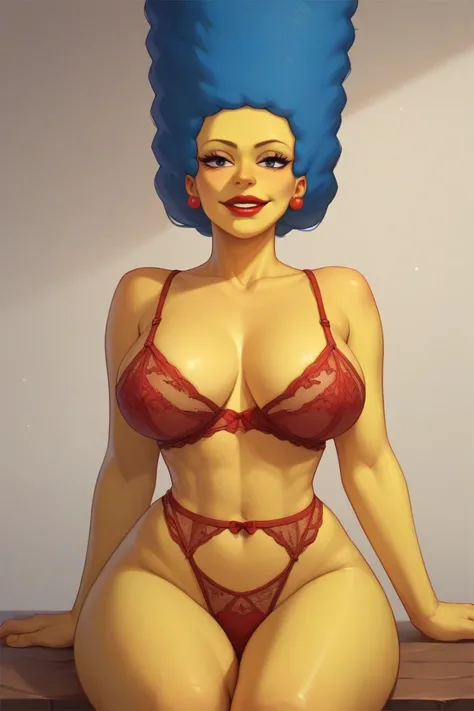  Marge Simpson very beautiful smiling with a super sexy body (( big breasts)),  Blue Hair,  yellow skin, Red lips, With very sexy lingerie.