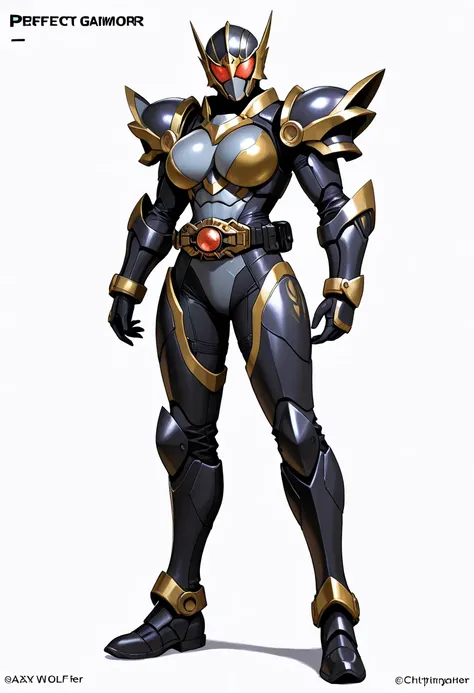 Top quality, full body, standing, from front,looking at viewer, white background, no human features,A sexy wolf-like  female humanoid monster,perfect body,large breasts, chitinous armor,rider belt