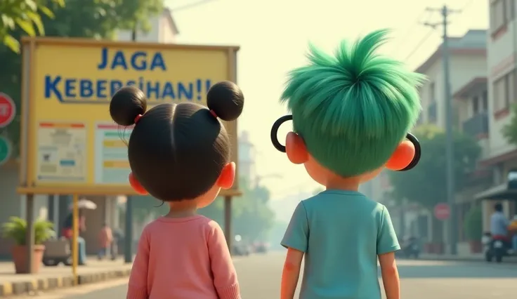 "A back view of Owo and Uwu standing in front of a public notice board with a large, clearly visible sign that reads 'Jaga Kebersihan!' in bold letters. Owo, an  nerdy boy with big round glasses and bright green hair, wears a light blue T-shirt. Beside him...