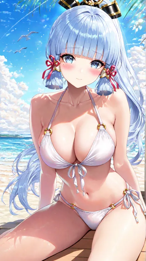 (masterpiece, best quality:1.3), (absurdres absolutely resolution), (8k), (detailed beautiful face and eyes), (detailed illustration), (super fine illustration), a anime girl sitting on a beach in panties and a bra top 1girl, swimsuit, breasts, bikini, mol...