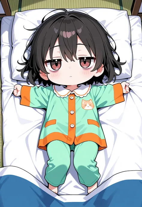 score_9, score_8_up, score_7_up, score_6_up, score_5_up, score_4_up,,Masterpiece,Best quality,Absurdres,Amazing quality,pop art,
Chibi character, Chibi girl lying on futon,hangs her head and looks tired, bags under eyes,jitome,messy black long hair,
Wearin...