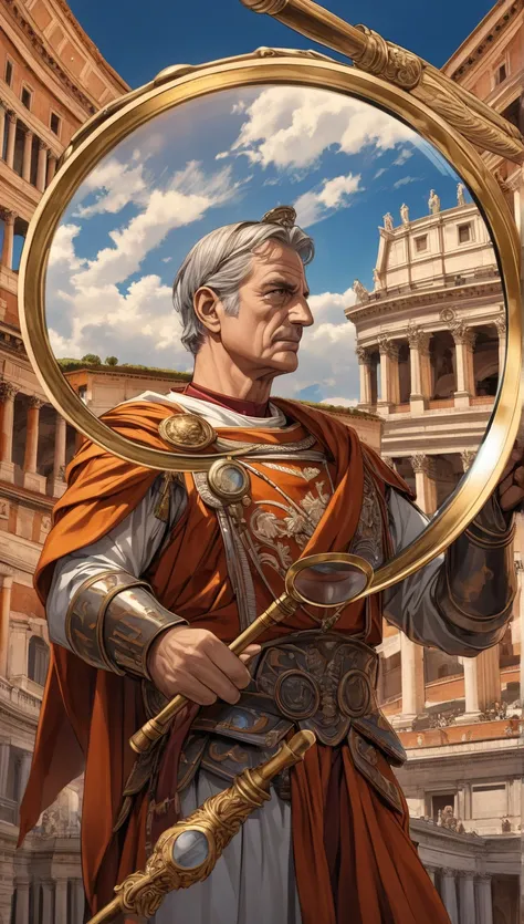 General of Rome,   ultra complex high detail  ,  beautiful traditional Roman culture, blue and orange cloudy background, There must be enough background, magnifying glass 